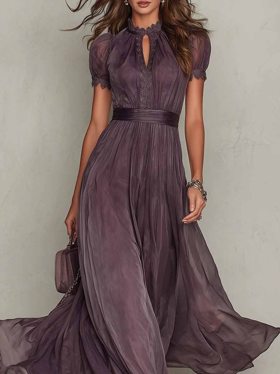 Vestido largo morado con escote en forma de llave, mangas tipo globo y cintura fruncida