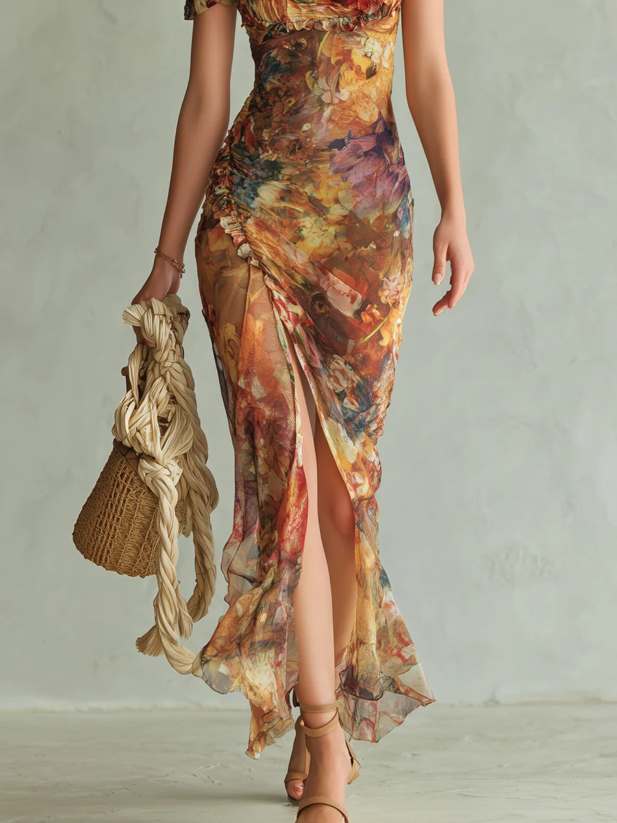 Vestido largo de gasa multicolor con abertura frontal y dobladillo asimétrico
