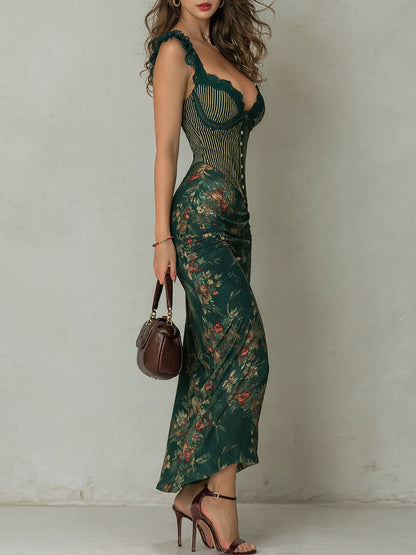 Vestido largo verde oscuro con estampado floral y encaje en los hombros