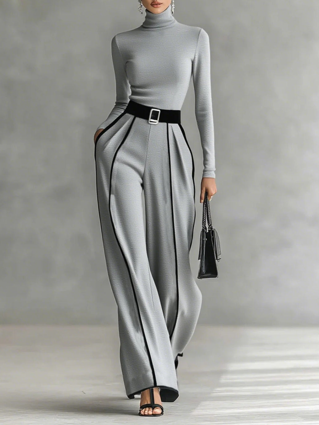 Conjunto negro y gris con cuello alto, cinturón y pantalón recto con costuras blancas