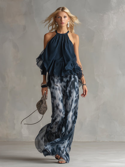 Conjunto de blusa halter con cuello alto y pantalón estampado azul marino