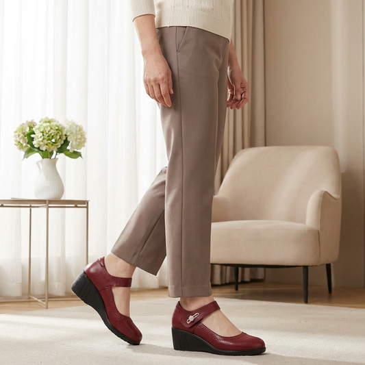 Zapatos de tacón medio burdeos con tira ajustable y adorno metálico en el empeine