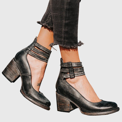 Zapatos de tacón negros con tiras dobles y hebilla, tacón cuadrado