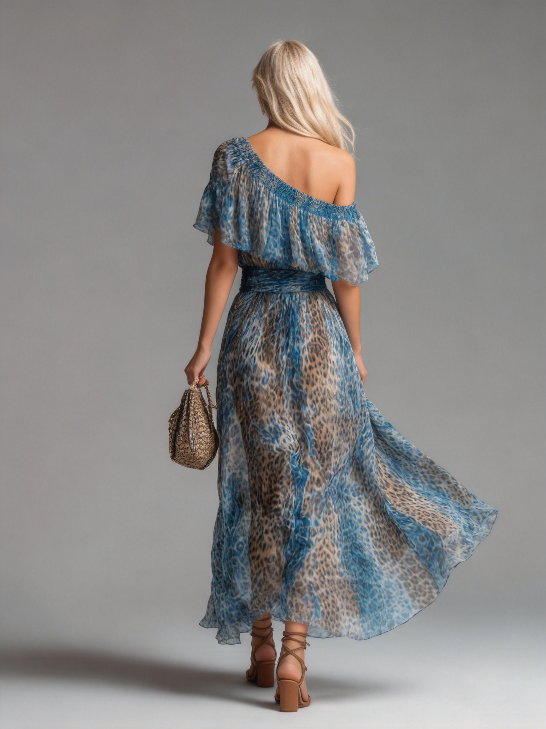 Vestido largo de gasa azul con estampado leopardo y espalda descubierta