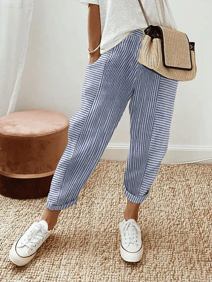 Pantalones de corte ancho con rayas verticales azules, cintura elástica