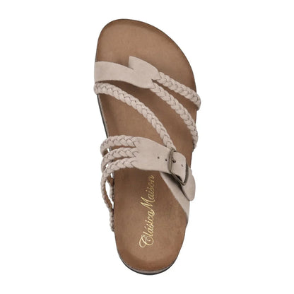 Sandalias ortopédicas beige con tiras trenzadas cruzadas y hebilla