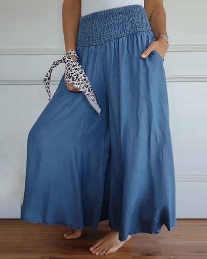 Pantalones de cintura alta con elástico, azul, diseño holgado y falda-pantalón