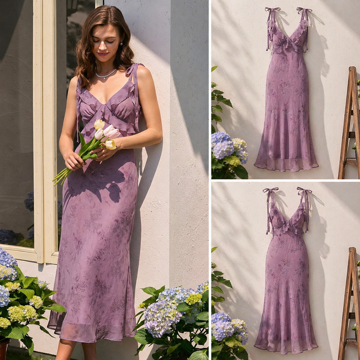 Vestido midi violeta con tirantes y lazos en el pecho, estampado floral
