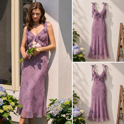 Vestido midi violeta con tirantes y lazos en el pecho, estampado floral