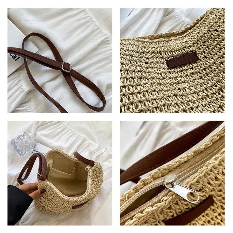 Bolso de paja bandolera: correa marrón, placa de cuero y detalle de cremallera