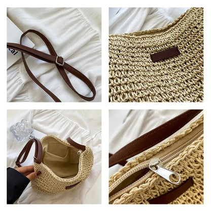 Bolso de paja bandolera: correa marrón, placa de cuero y detalle de cremallera
