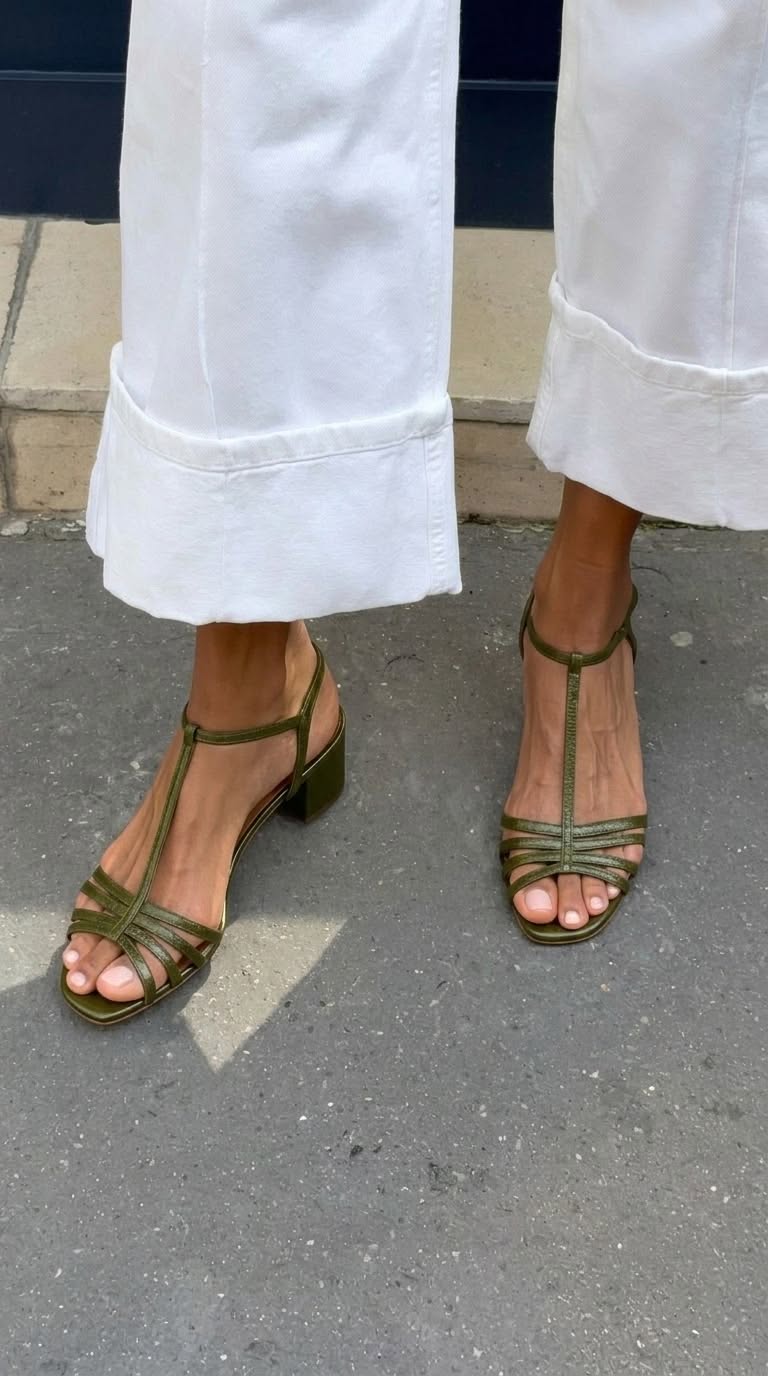 Sandalias de tacón medio con punta abierta, tiras cruzadas y pulsera en el tobillo