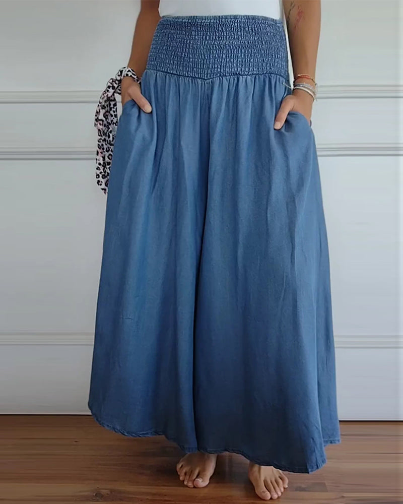 Pantalones de cintura alta con elástico, azul denim, pierna ancha
