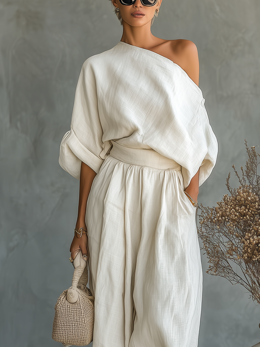 Conjunto de lino blanco roto: blusa de hombro caído y pantalón ancho plisado