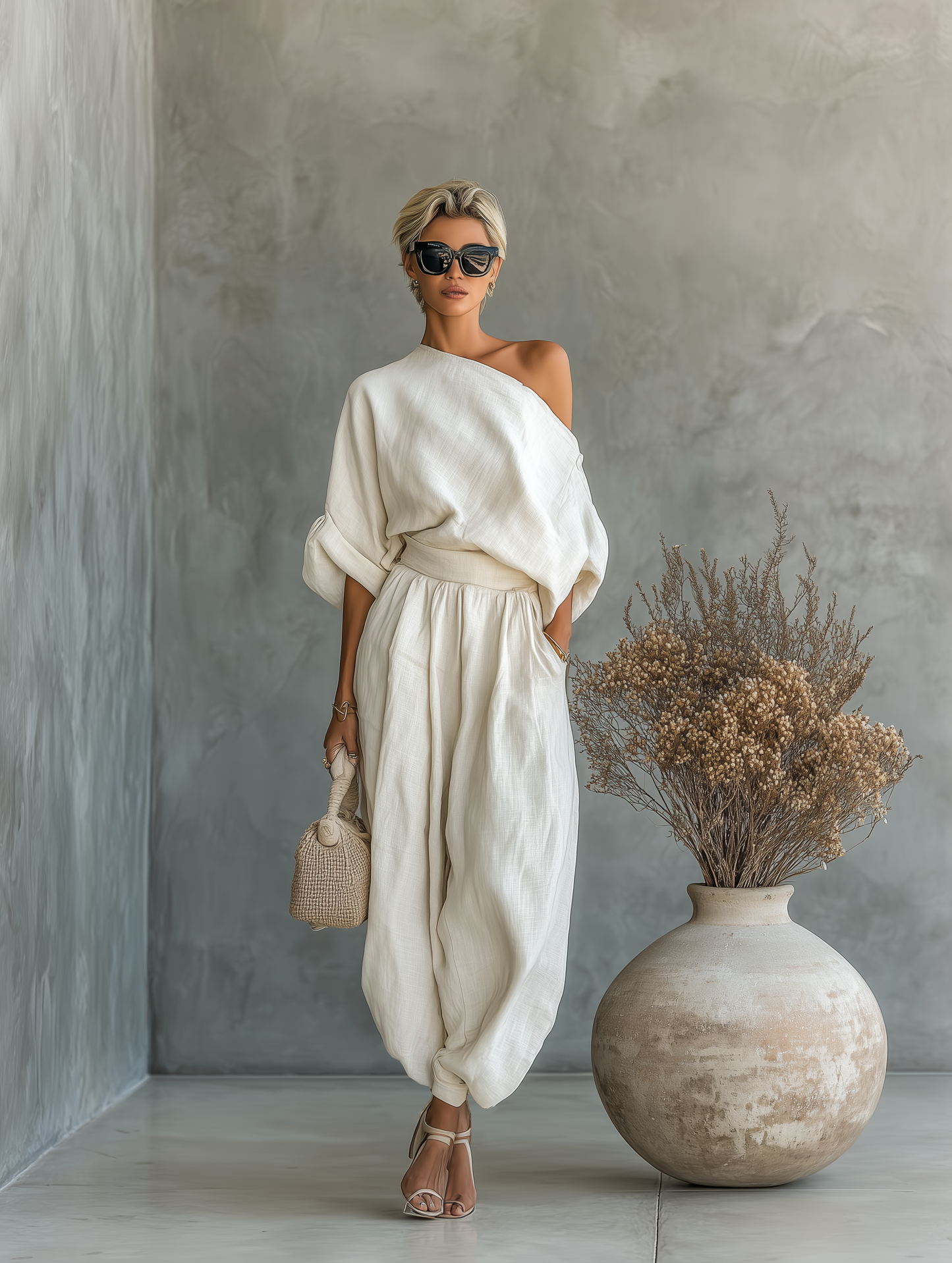 Conjunto de lino blanco roto: blusa asimétrica y pantalón ancho de cintura fruncida