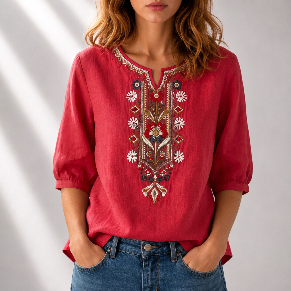 Blusa de lino roja con bordado floral multicolor al centro y mangas abullonadas