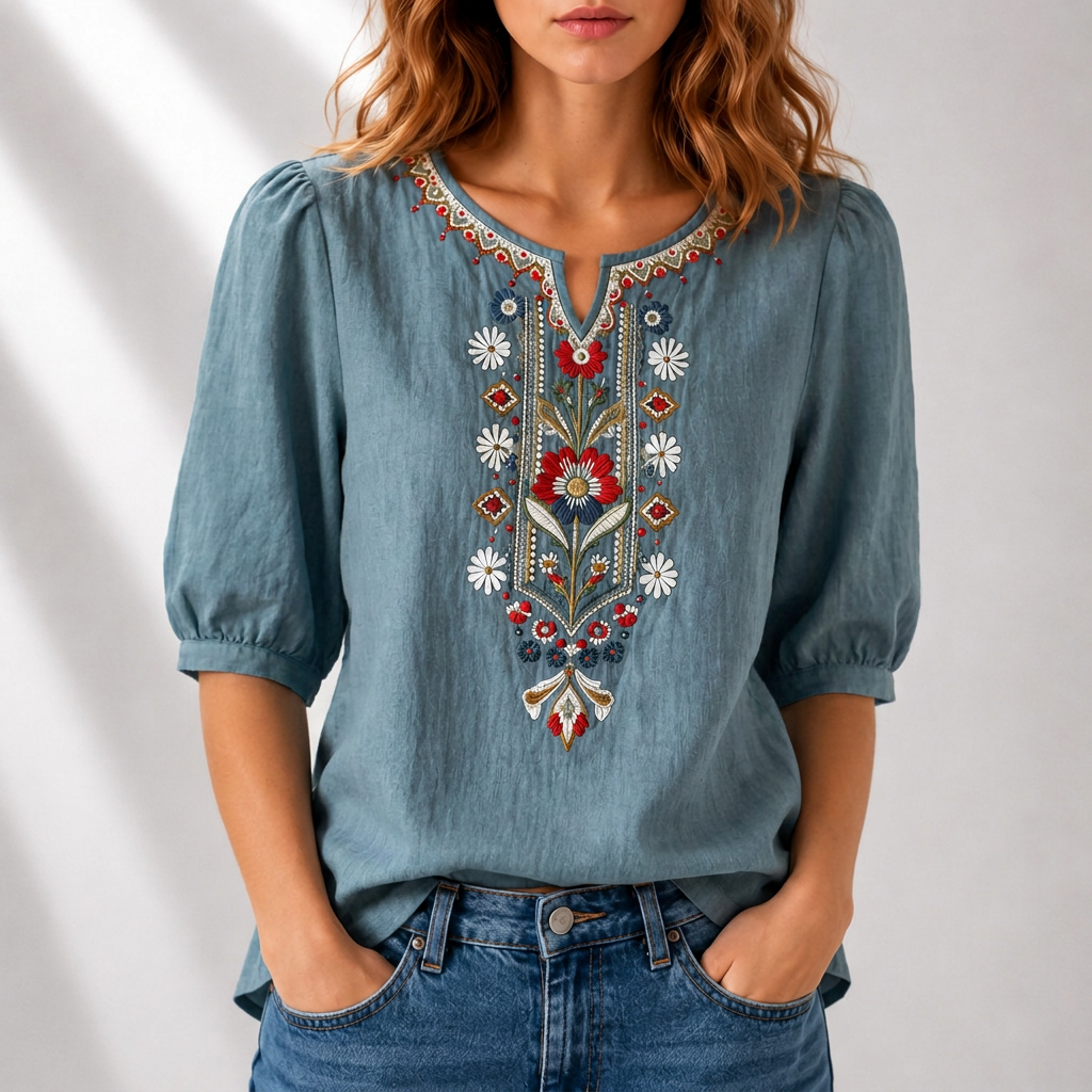 Blusa de lino azul petróleo con bordado floral multicolor al centro y cuello redondo