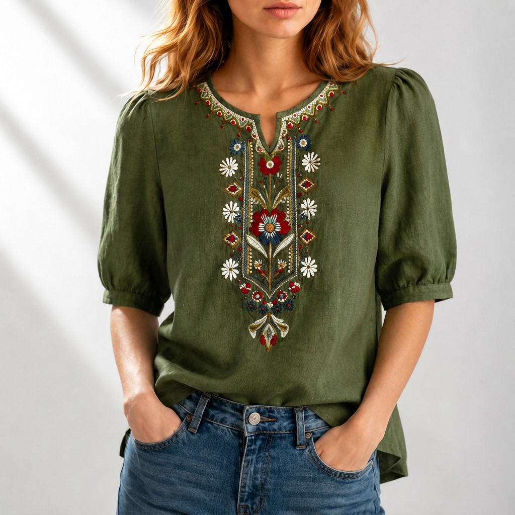 Blusa de lino verde oliva con bordado floral multicolor al centro y cuello abotonado