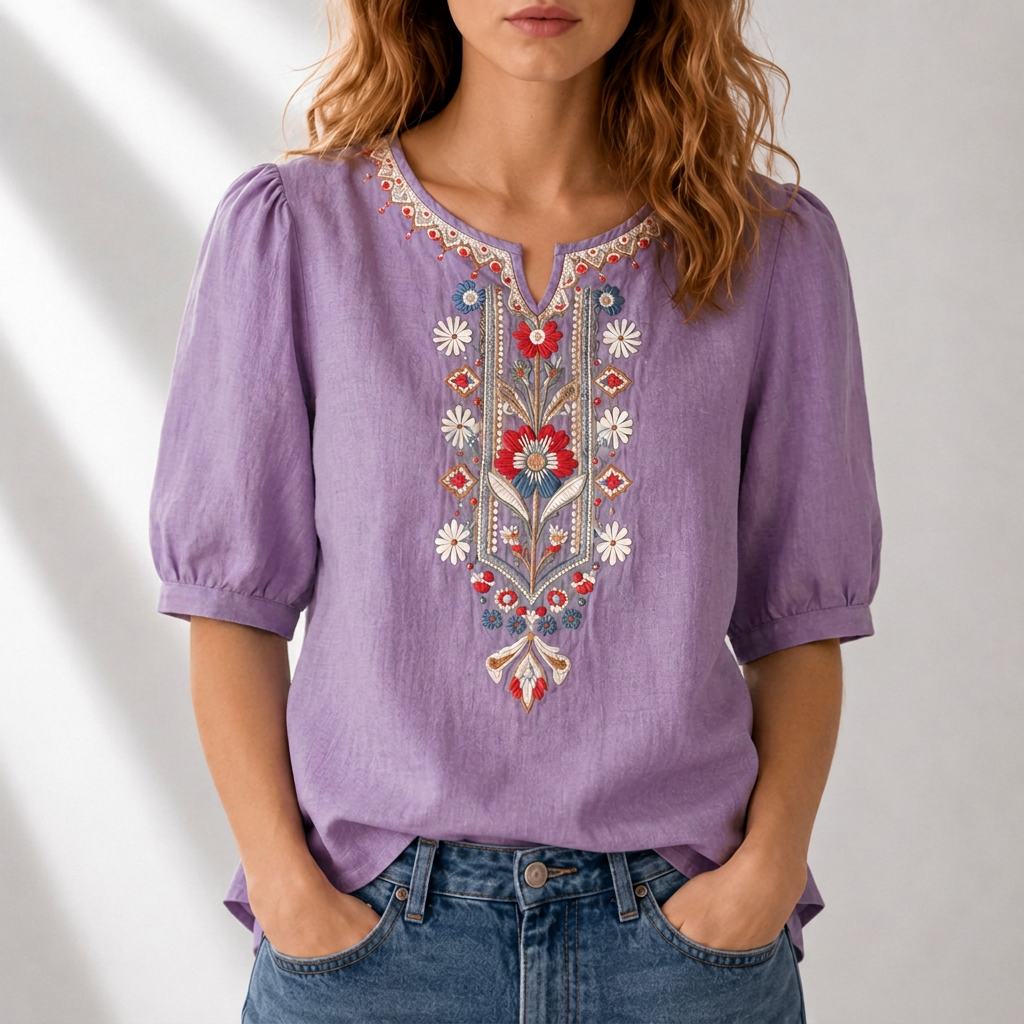 Blusa de lino morada con bordado floral multicolor al centro y mangas abullonadas