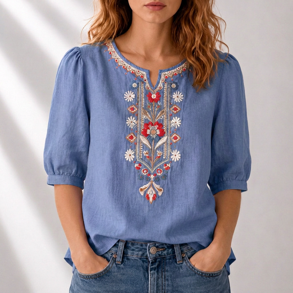 Blusa azul con bordado floral en el centro y mangas abullonadas