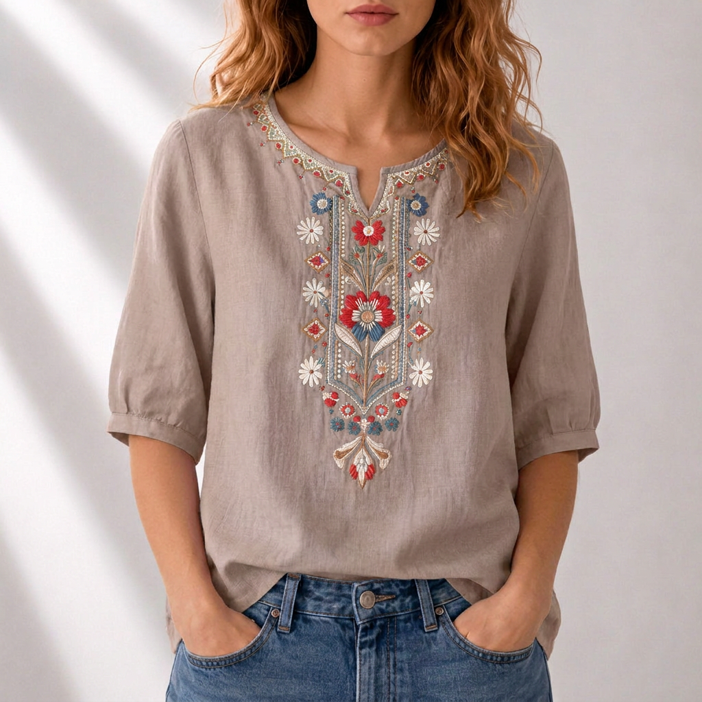 Blusa de lino topo con bordado floral multicolor al centro y cuello con tapeta