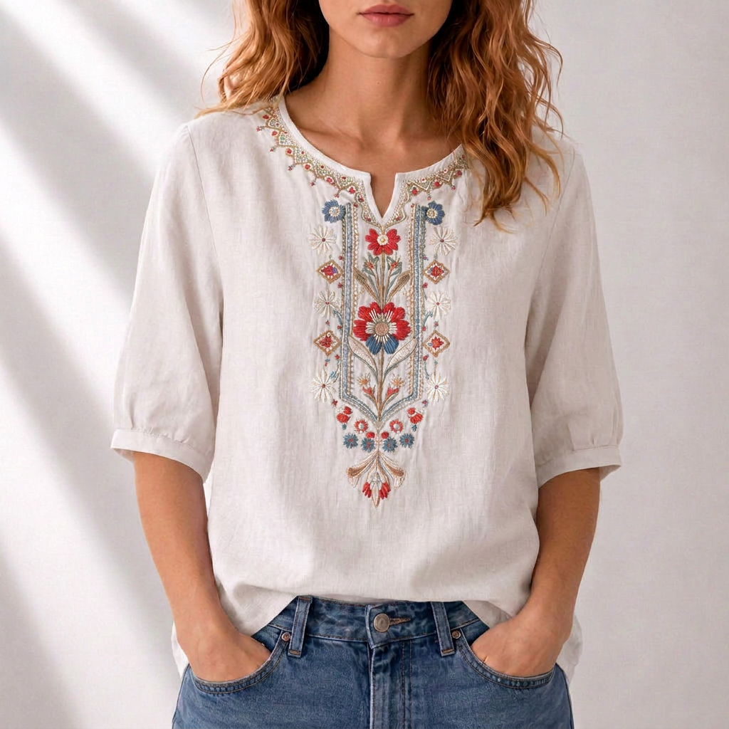 Blusa de lino blanca con bordado floral multicolor en el centro y cuello redondo