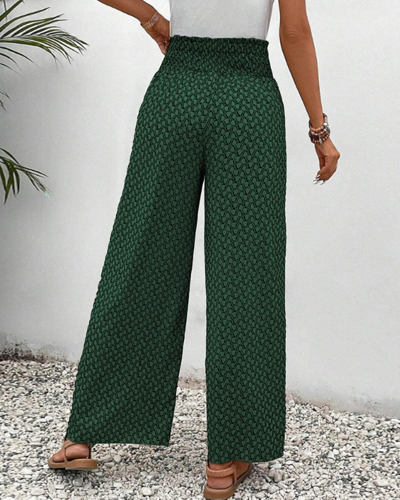 Pantalones de pierna ancha verdes con cintura elástica y estampado pequeño