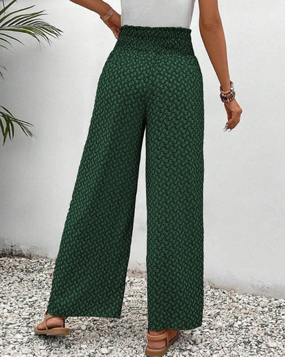 Pantalones de pierna ancha verdes con cintura elástica y estampado pequeño