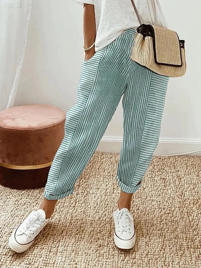 Pantalones de corte ancho con rayas verticales verdes, cintura elástica