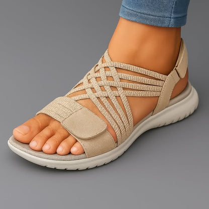 Sandalia ortopédica ergonómica beige con tira tejida y velcro en el empeine