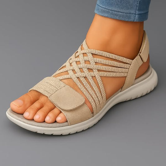 Sandalia ortopédica ergonómica beige con tira tejida y velcro en el empeine