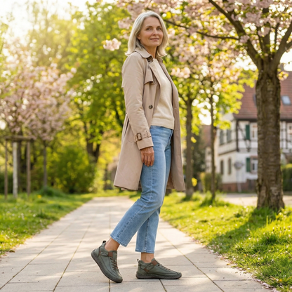 Zapatillas ortopédicas verdes con cordones, suela robusta y pespuntes decorativos.