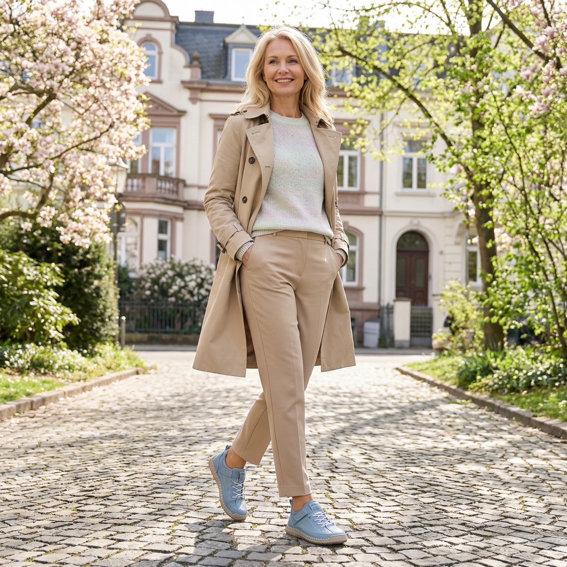 Zapatillas ortopédicas beige con cordones y suela acolchada, usadas con traje claro.