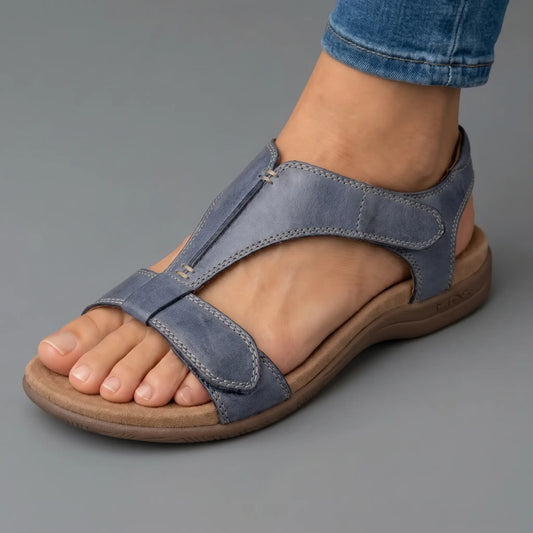 Sandalia ortopédica ergonómica azul gris con tira ajustable y punta abierta