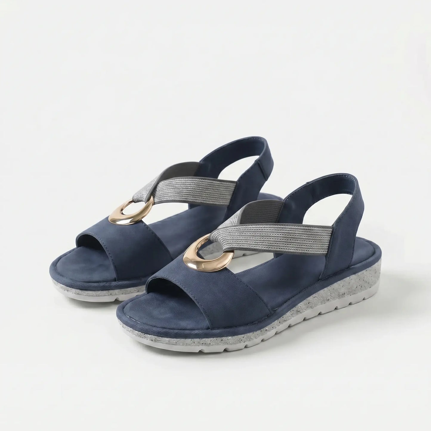 Sandalias ortopédicas confort azules con tira elástica gris y hebilla metálica