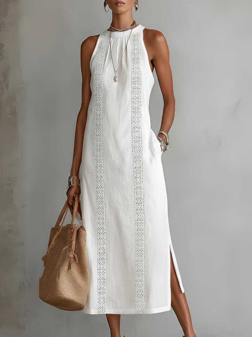 Vestido midi de lino blanco sin mangas con cuello mao y bordado central