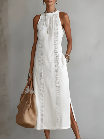 Vestido midi de lino blanco sin mangas con cuello mao y bordado central