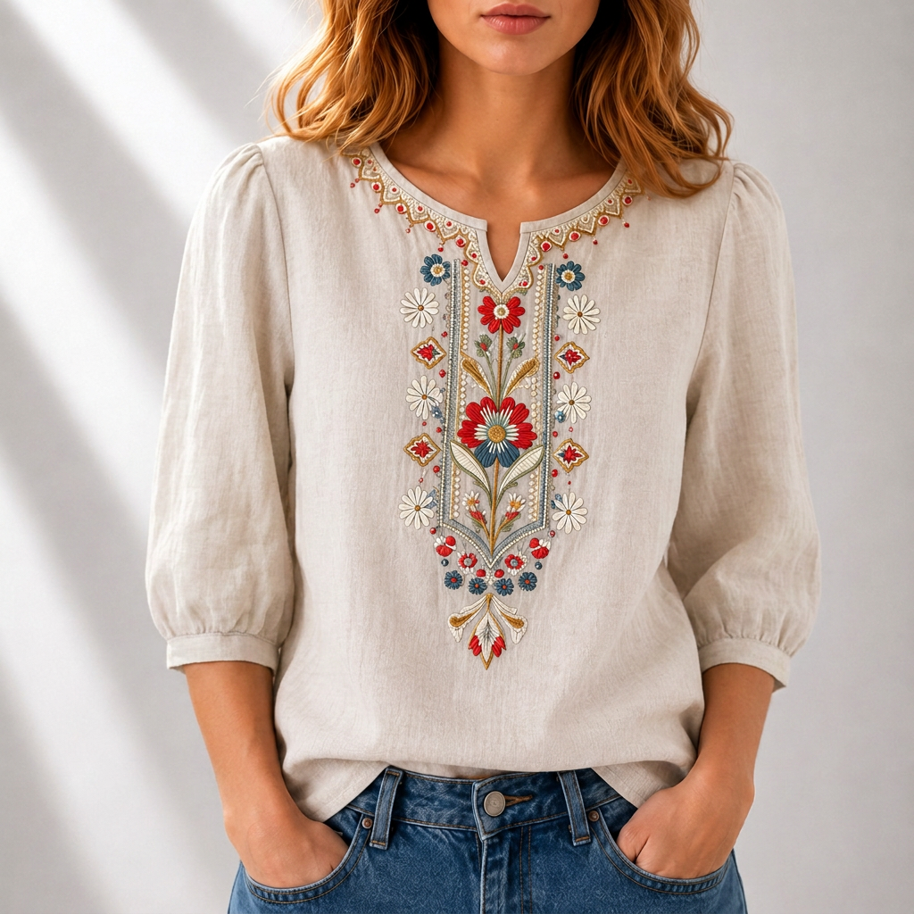 Blusa de lino beige con bordado floral multicolor en el centro y cuello tipo greca