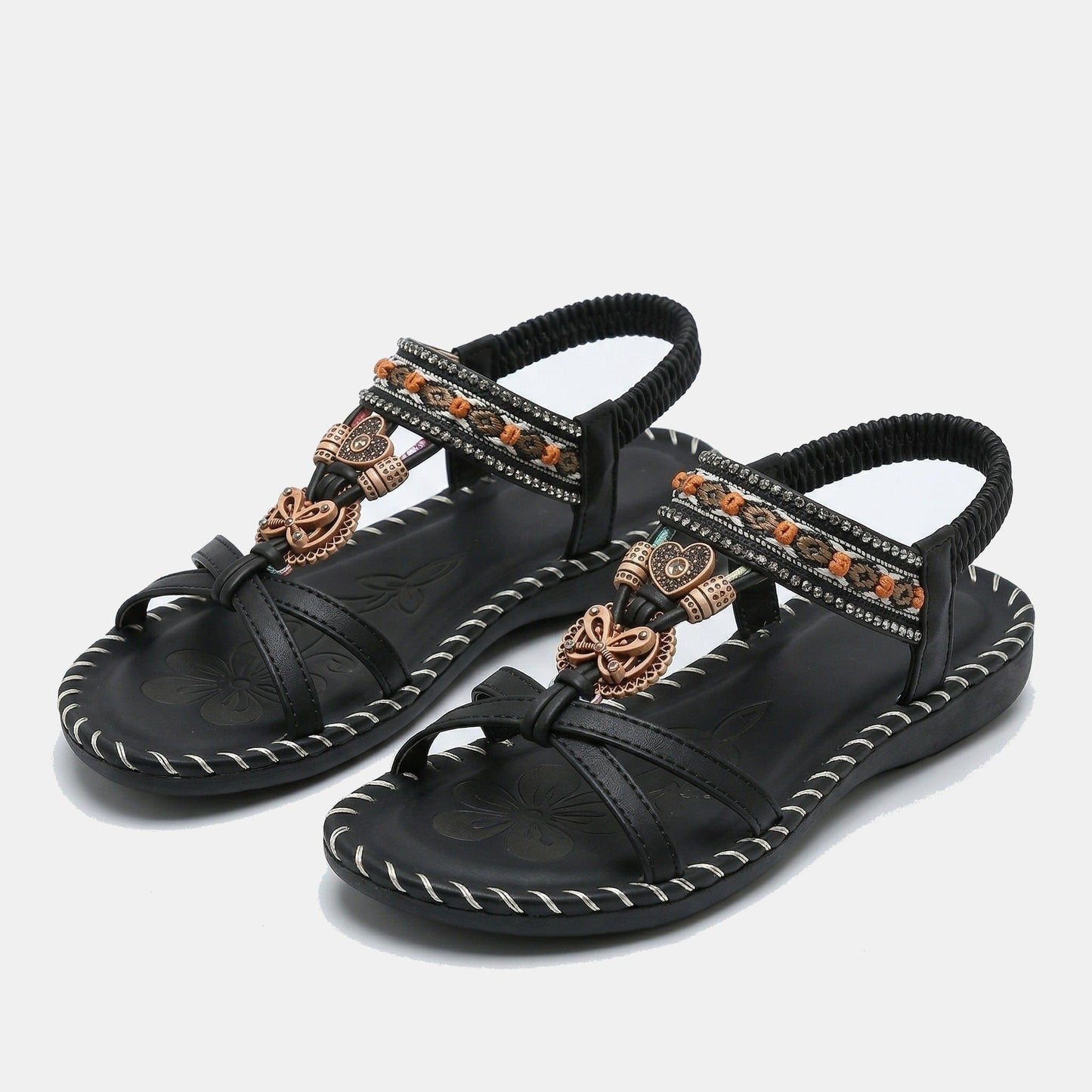 Sandalias ortopédicas estilo Ibiza negras con pulsera elástica y bordado decorativo