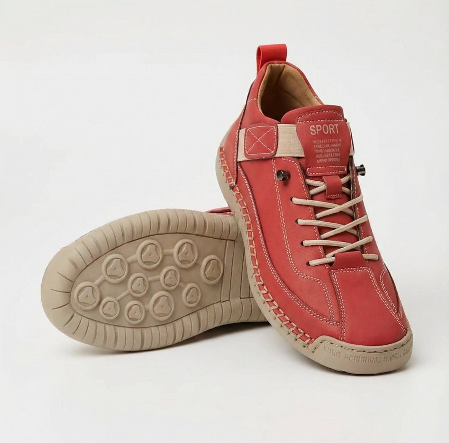 Zapatillas ortopédicas rojas de cuero sintético con cordones y suela beige
