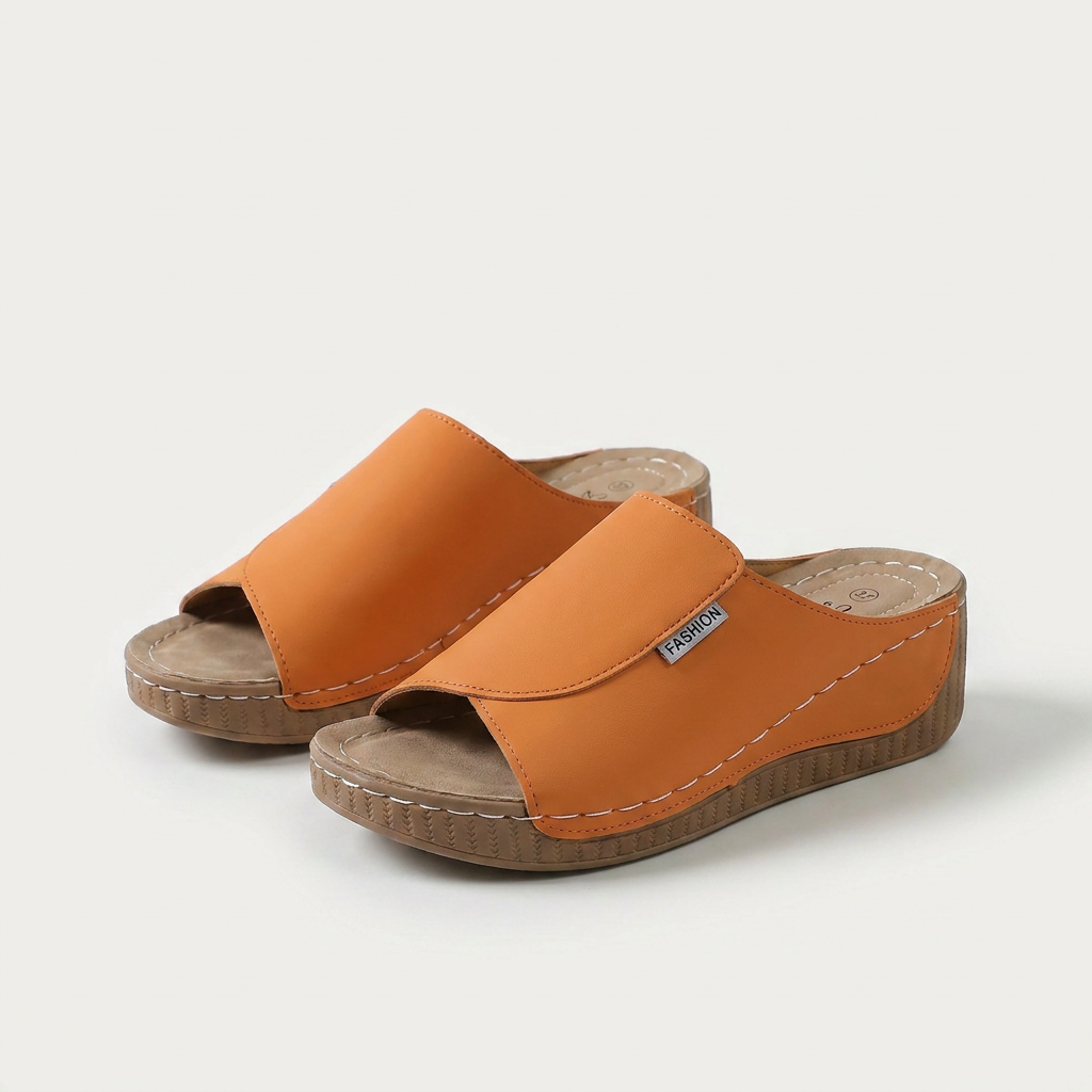 Sandalias de mujer naranja mandarina con tira ancha y suela de cuña