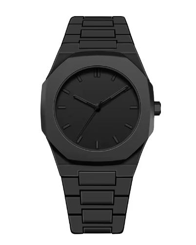 Reloj minimalista negro con correa a eslabones y esfera negra con marcadores