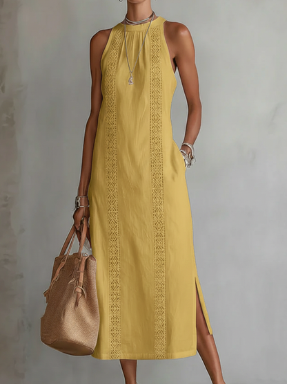 Vestido midi de lino amarillo sin mangas con cuello mao y franja bordada