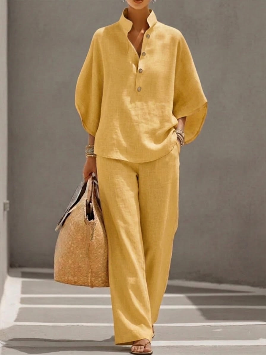Conjunto de blusa de manga murciélago y pantalón de pierna ancha amarillo con botones