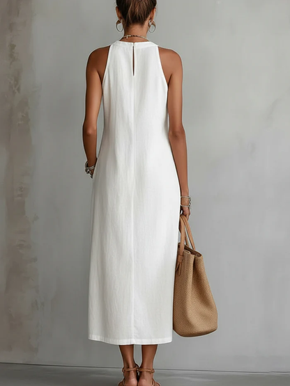 Vestido midi de lino blanco con cuello mao y abertura lateral