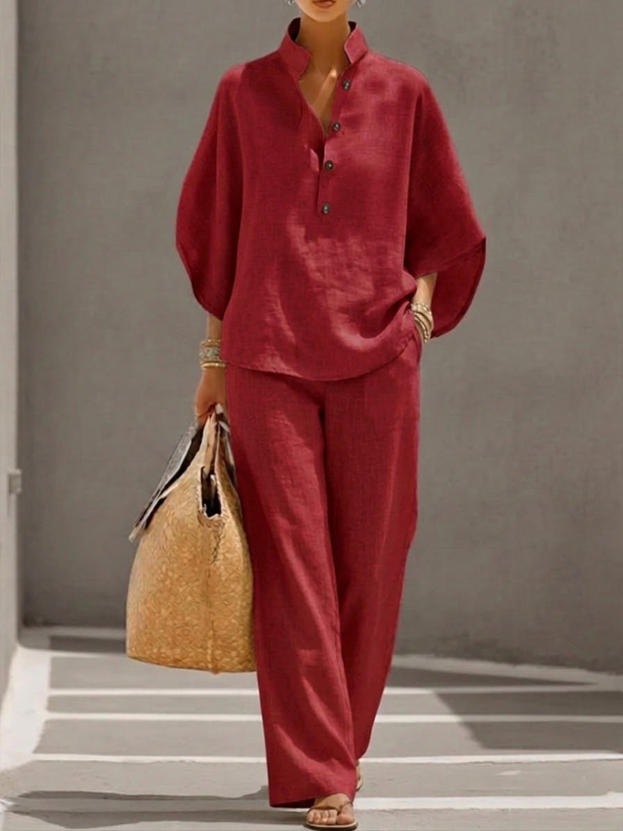 Conjunto de blusa de manga murciélago y pantalón de pierna ancha rojo con botones