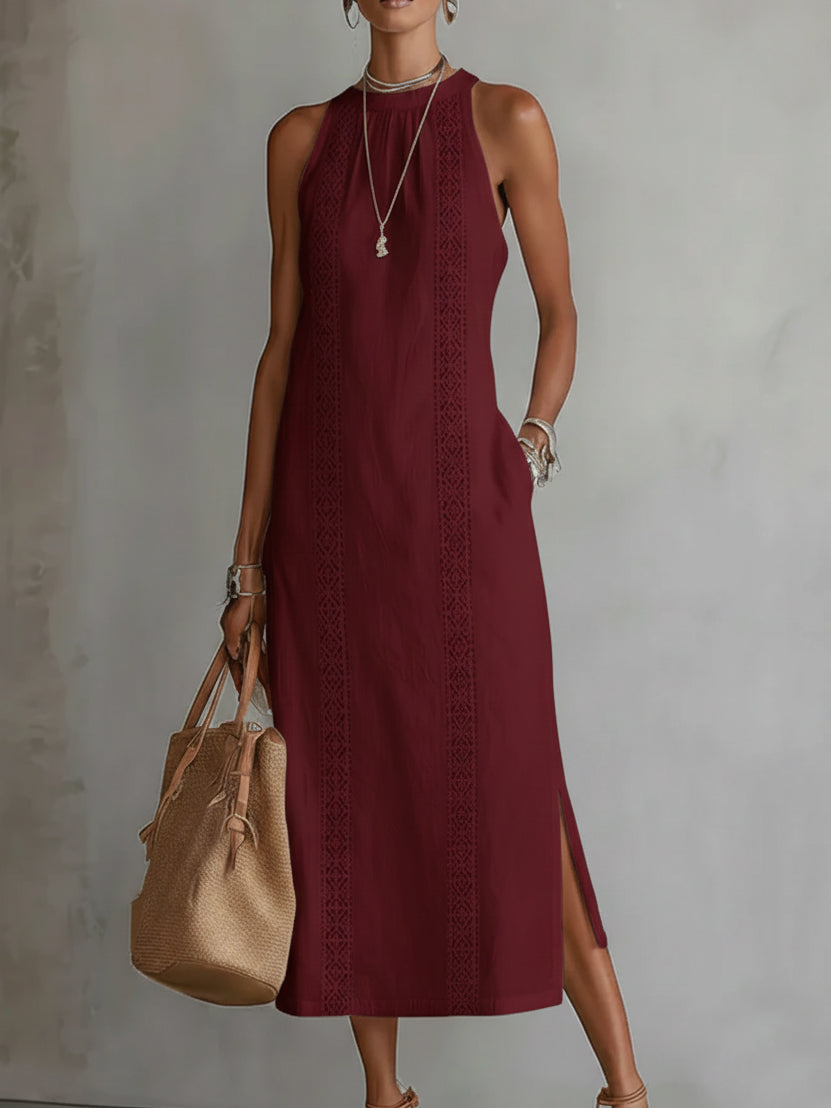 Vestido midi de lino granate sin mangas con cuello mao y bordado