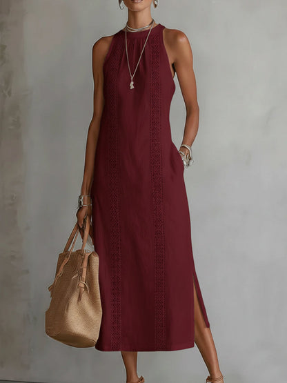 Vestido midi de lino granate sin mangas con cuello mao y bordado