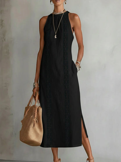 Vestido midi de lino negro sin mangas con cuello mao y abertura