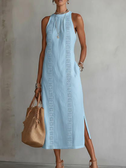 Vestido midi de lino azul claro sin mangas con cuello mao y bordado